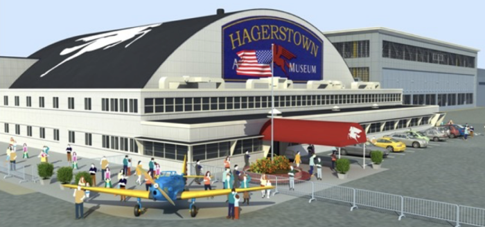 artist depiction of completed exterior of Hagerstown Aviation Museum with people and a plane outside
