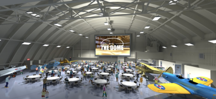 artist depiction of the completed interior of Hagerstown Aviation Museum with tables and planes and screen